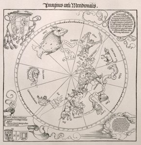 Map of the Southern Sky, with representations of constellations, decorated with the crest of Cardinal Lang von Wellenburg, and a dedication to him with his coats of arms and the Imperial copyright